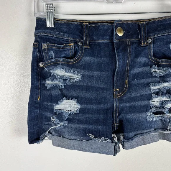 American Eagle Hi-Rise Shortie Jean Shorts Distressed Dark Blue Wash Festival 6 - Picture 2 of 12